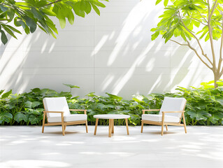 Outdoor patio with elegant white furniture surrounded by greenery under bright sunlight. The scene is perfect for relaxation and includes ample copy space.