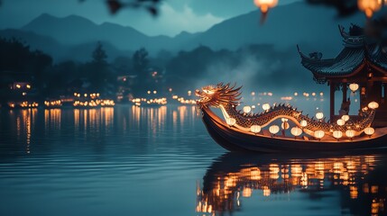 Obraz premium A Stunning View of a Dragon Boat Adorned with Glowing Lanterns on a Tranquil River