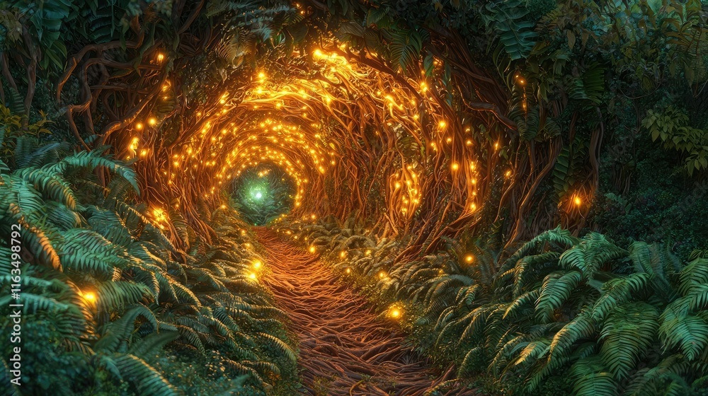 Poster mystical tropical concept. a magical forest tunnel illuminated by glowing lights and surrounded by l