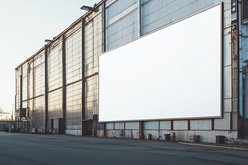 Obraz premium Daylight mockup of a white banner on an industrial building's side.