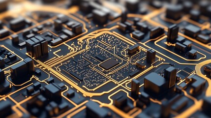 Close-up of a futuristic quantum computing chip with glowing circuits