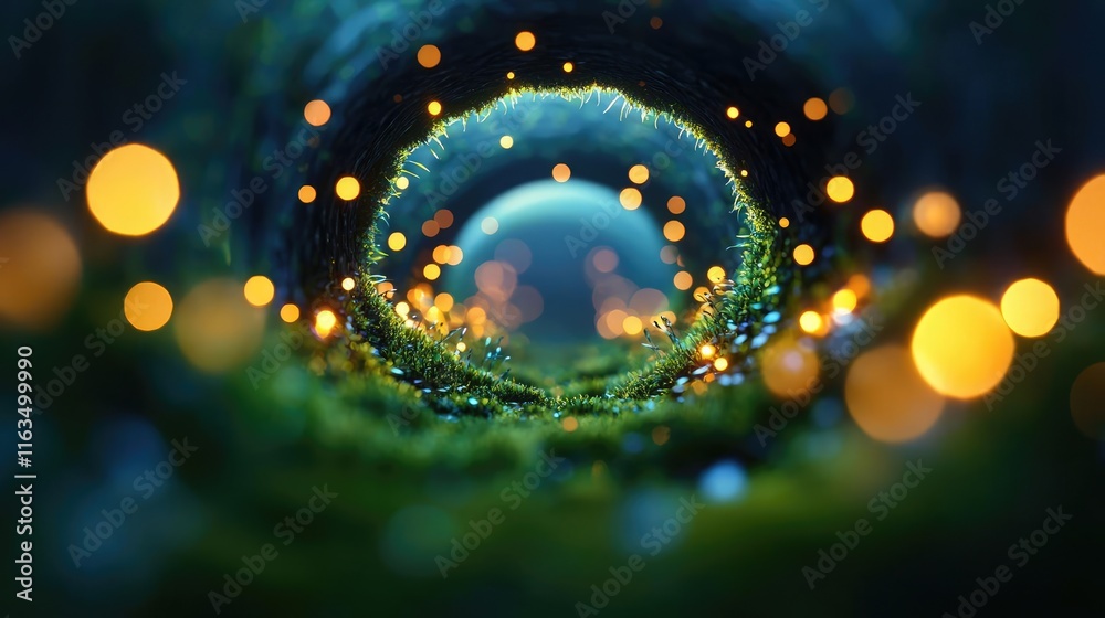 Poster mystical nature concept. a magical tunnel illuminated by glowing orbs, surrounded by lush greenery.