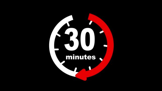 Animation timer icon with 30 minutes on transparent background with alpha channel. Animation from 30 to 1 on black background, stylish stopwatch countdown timer
