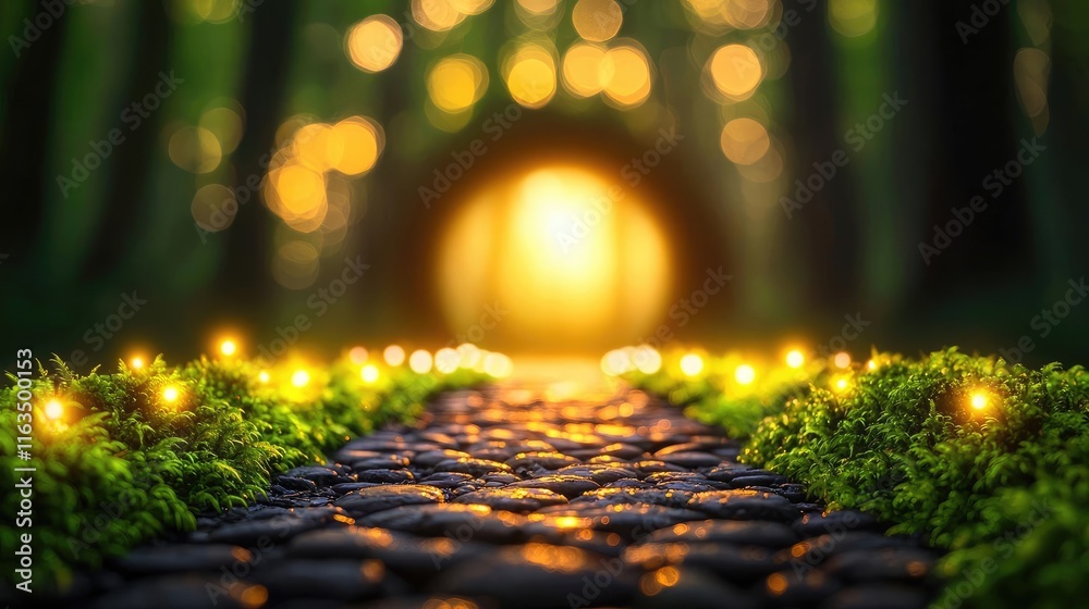 Poster mystical nature concept. enchanting forest path illuminated by glowing lights, leading to a mystical