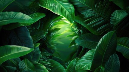 Mystical lush idea. Lush green leaves creating a natural tunnel with vibrant light breaking through.