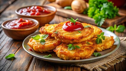 Crispy Potato Fritters with Ketchup - Delicious Dish