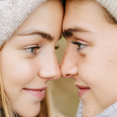 Obraz premium A close-up of a couple touching foreheads, showing affection and closeness. The image captures emotional connection, love, and intimacy.