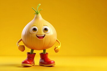 Cute Cartoon Onion in Boots - Bright Yellow Background