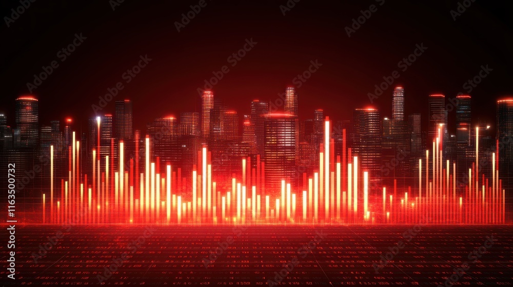 Poster blur background of glowing cityscape with dynamic stock market data visualization red and orange ton