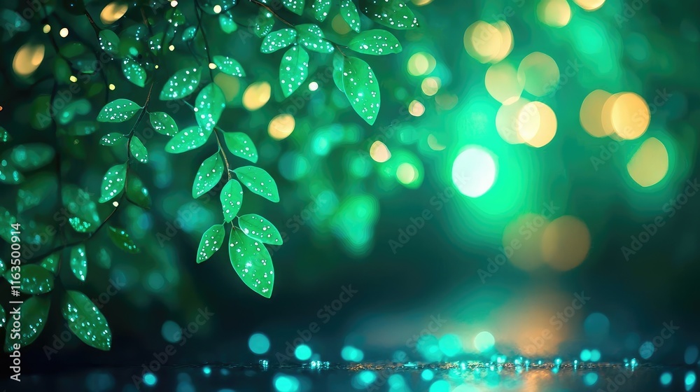 Poster mystical tropical concept. vibrant green leaves with sparkling droplets on a dreamy bokeh background