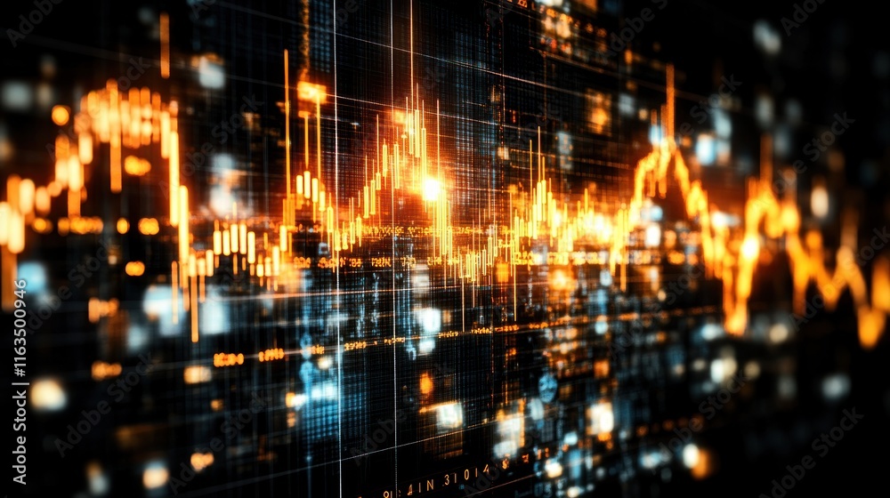 Aufkleber blur background of dynamic stock market data visualization glowing orange candlestick charts and fin