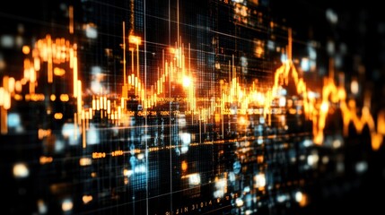 Fototapeta premium Blur Background of Dynamic Stock Market Data Visualization Glowing Orange Candlestick Charts and Financial Numbers