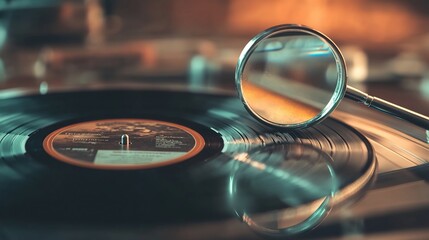 Vintage vinyl record player with magnifying glass.