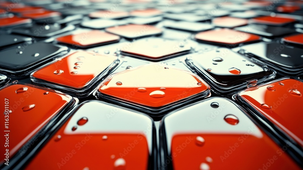 Poster Abstract Hexagonal Pattern Red and Black Glossy Surface with Water Droplets