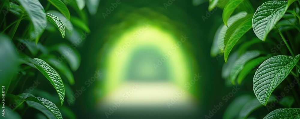 Poster mystical lush idea. lush green leaves creating a natural tunnel with a soft glowing light at the end