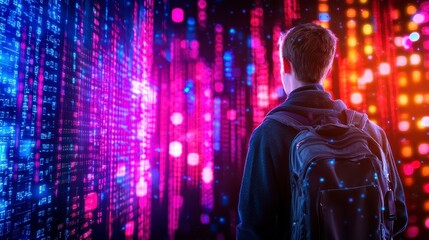 A young person with a backpack standing in front of a colorful digital backdrop, immersed in technology and information