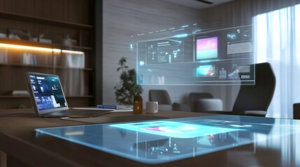 A sleek office setup with holographic screens and interactive touch panels hovering in the air.