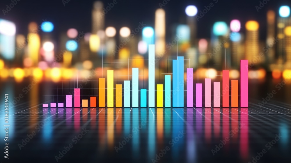Poster vibrant colorful bar graph chart data growth night cityscape on blur background
