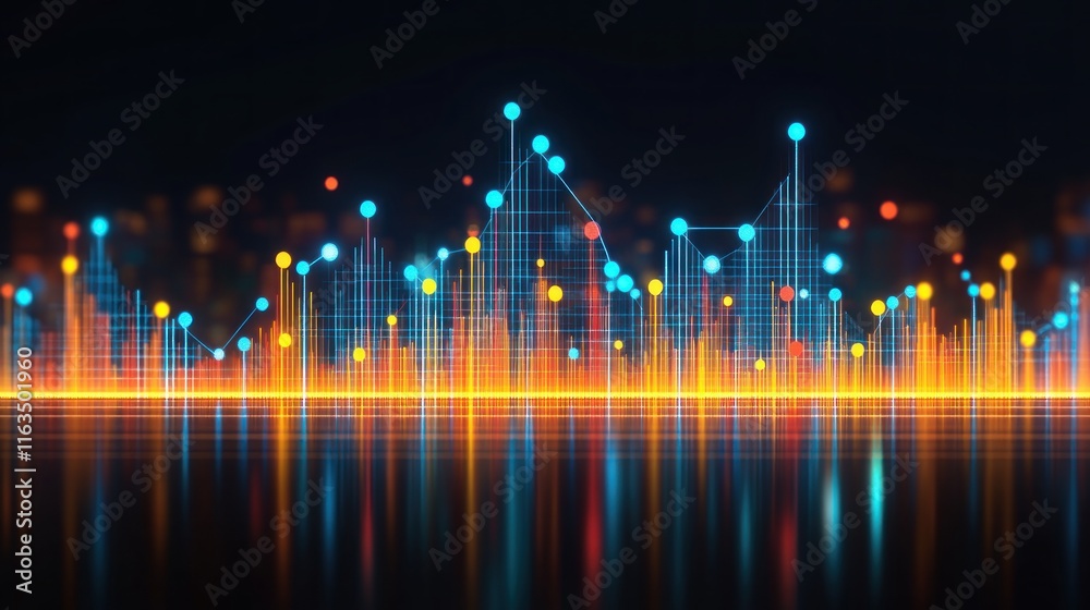 Aufkleber Blur Background of Abstract Dynamic Data Visualization Glowing Network Graph with City Lights Reflection