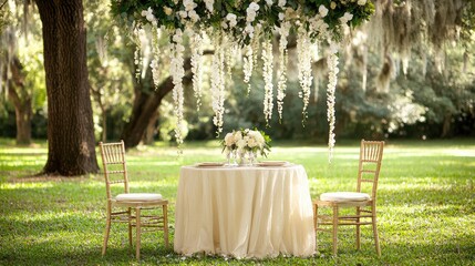 Romantic Outdoor Wedding Setup with Floral Decor and Chairs