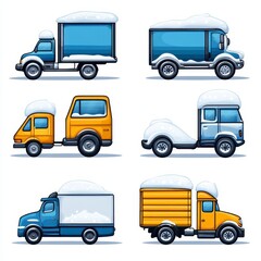 A collection of cartoon-style snow-covered delivery trucks showcasing various shapes and colors in a whimsical winter setting
