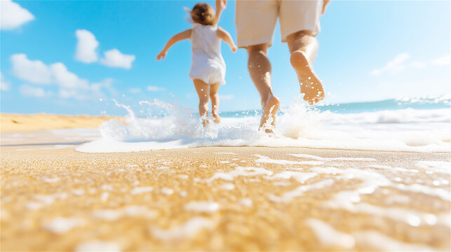 A beach scene with children running on golden sand under the bright sky, symbolizing freedom, joy, and the energy of summer. Copy space available.