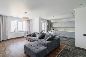 interior apartment kitchen and dining room, refectory area, cooking equipment, table furniture,...