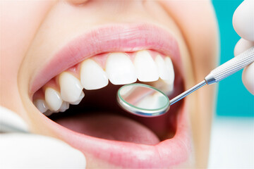 Close-up of a dental mirror examining healthy white teeth during a routine checkup, emphasizing oral care and hygiene practices in a clinical setting.