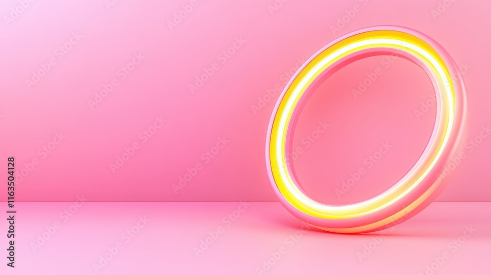 Poster abstract pink and yellow neon circle on pink background modern minimalist design 3d render