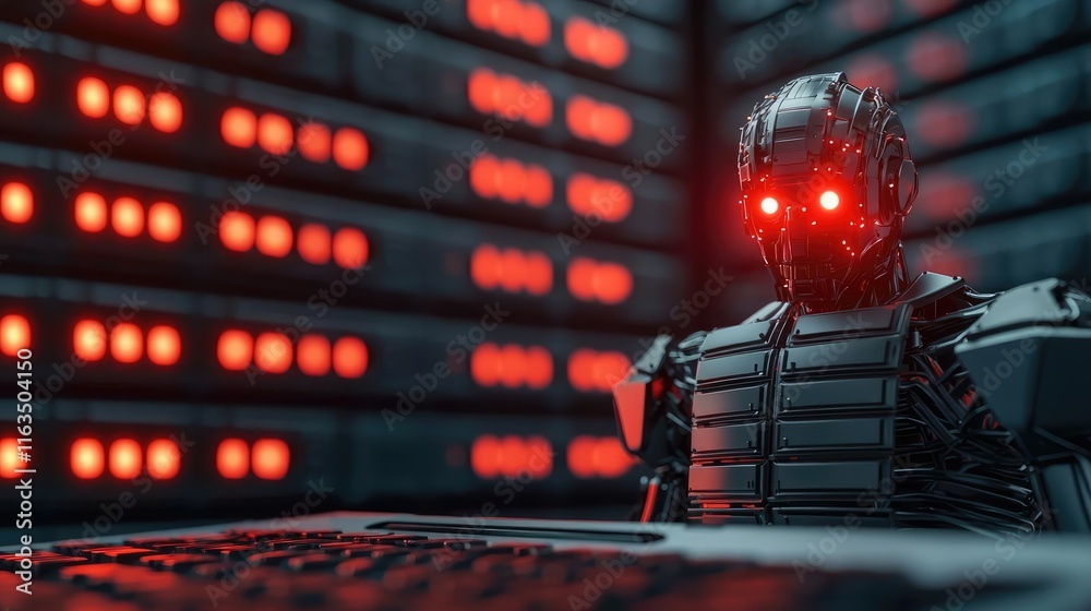 Poster crash market concept. futuristic robot with glowing eyes working on a computer in a dark environment