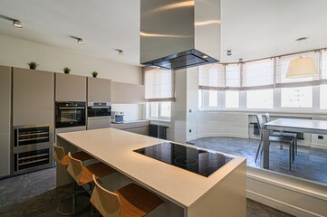 interior apartment kitchen and dining room, refectory area, cooking equipment, table furniture, stove