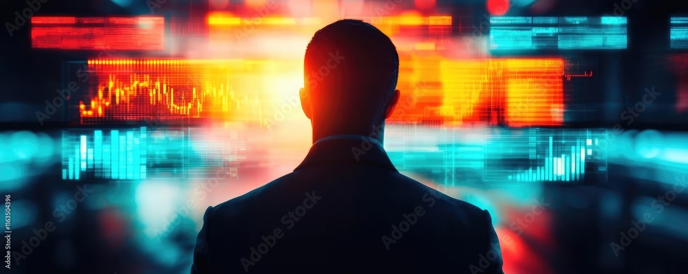 Poster crash market concept. silhouette of a businessman observing digital data and trends in a modern offi