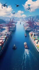Naklejka premium Cargo ships, drones, harbor, city skyline, ocean.