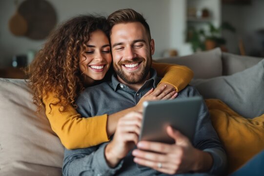 Happy woman embracing man holding tablet pc from behind on sofa at home