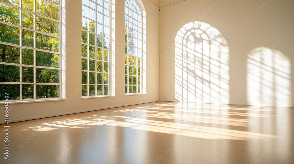 Poster scenery sightseeing idea. bright, spacious interior with large windows and soft sunlight casting sha