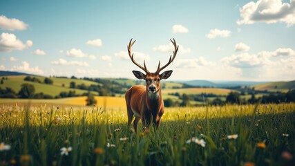Fototapeta premium Majestic Stag in Verdant Meadow Under a Summer Sky