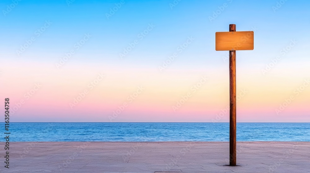 Poster scenery sightseeing idea. a tranquil beach scene at sunset with a blank signpost and colorful sky.