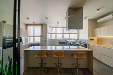 interior apartment kitchen and dining room, refectory area, cooking equipment, table furniture,...