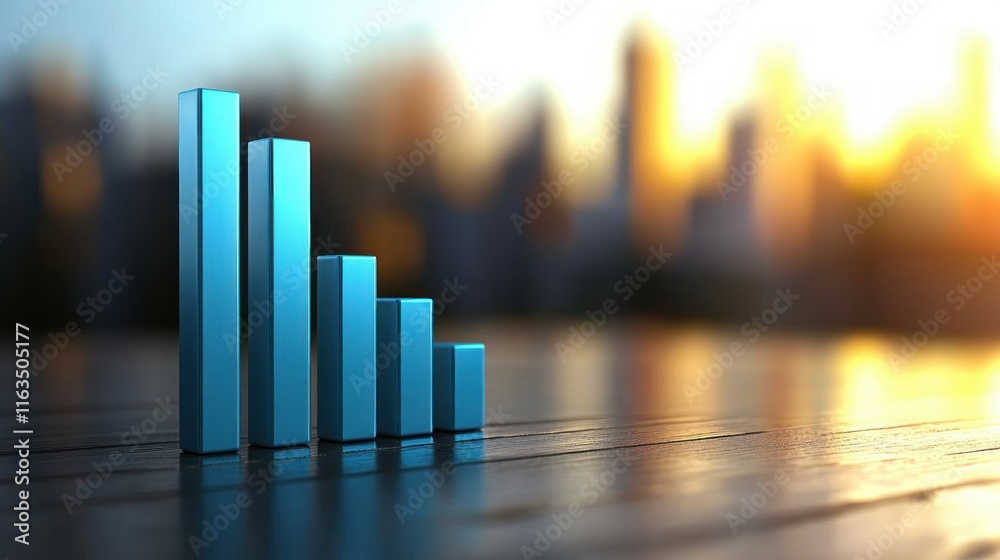 Aufkleber Decreasing Bar Graph Blue 3D Chart Financial Decline Business Data Wooden Surface Cityscape on Blur Background