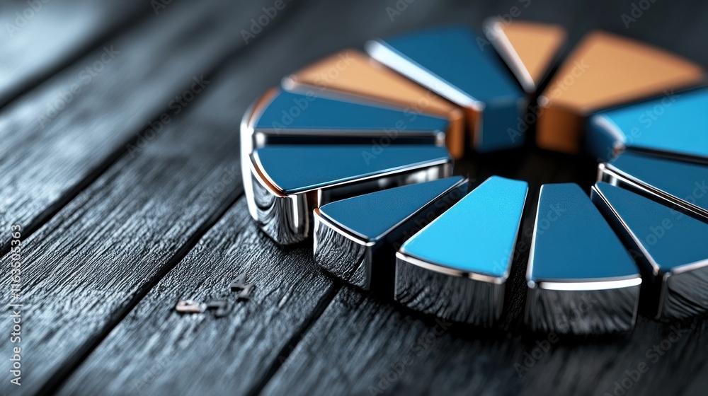 Aufkleber Abstract Metallic Pie Chart Segments on Dark Wood Background Business Data Visualization