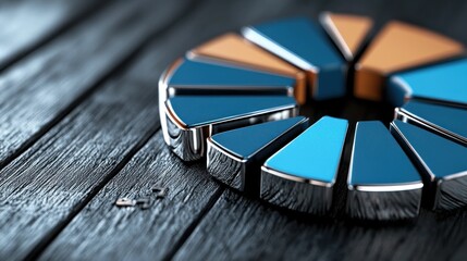 Abstract Metallic Pie Chart Segments on Dark Wood Background Business Data Visualization