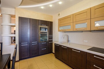 interior apartment kitchen and dining room, refectory area, cooking equipment, table furniture, stove
