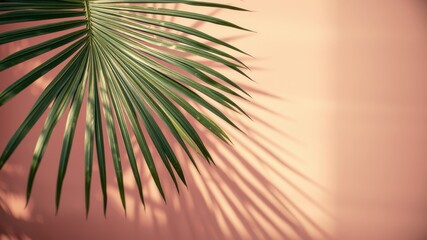 Palm frond casting a shadow on a peach-colored wall, a minimalist nature scene.