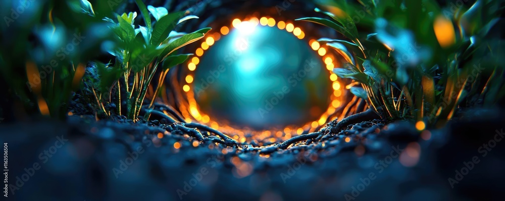 Poster Mystical nature concept. A captivating view through glowing foliage towards a mystical circular light.