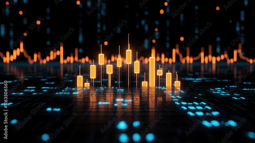 Poster blur background of abstract futuristic stock market candlestick chart data visualization neon orange