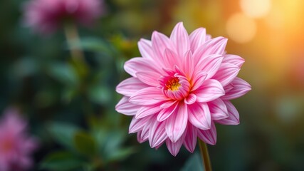 Fototapeta premium A Delicate Pink Dahlia Blossom in a Garden Setting, Basking in the Warm Glow of Sunlight