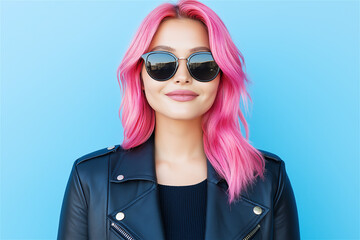 Fototapeta premium Confident woman with vibrant pink hair and sunglasses, standing against a bright blue background. Represents individuality, boldness, and modern fashion trends.