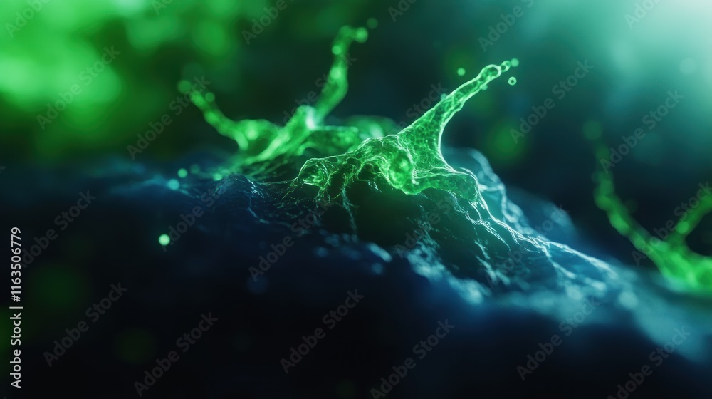 Aufkleber abstract green and blue liquid splashing on dark surface dynamic fluid motion glowing energy on blur