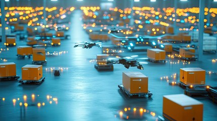 Obraz premium Automated warehouse; drones deliver packages.