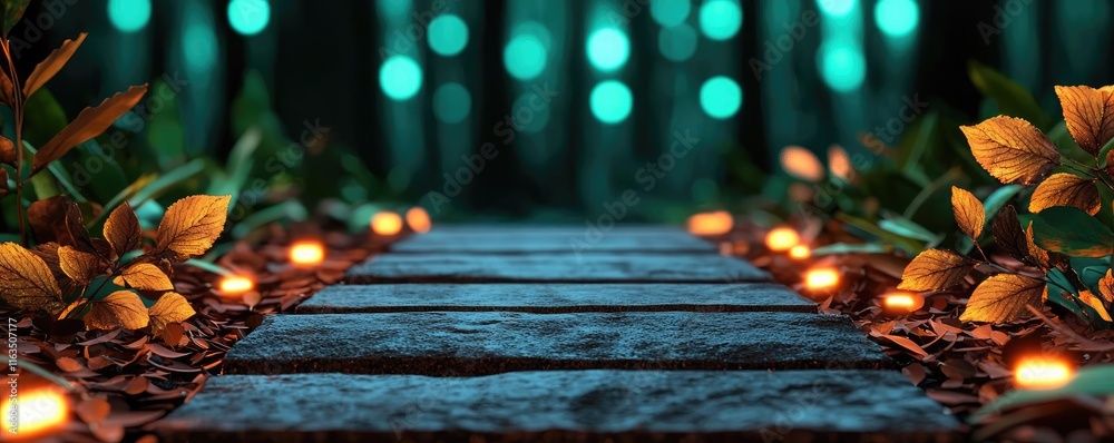 Poster mystical nature concept. a serene, illuminated pathway through a mystical forest with glowing lights
